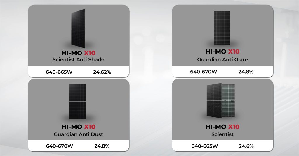 LONGi Hi-MO X10 Guardian and Scientist solar panel models with power ratings from 640W to 670W and efficiency up to 24.8%.