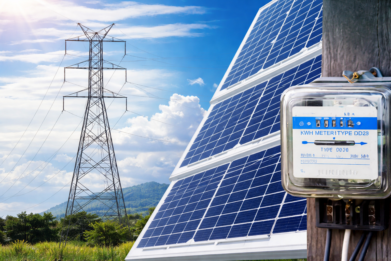 Net metering policies in Pakistan showing solar panels, electricity transmission tower, and net meter connected to the national grid